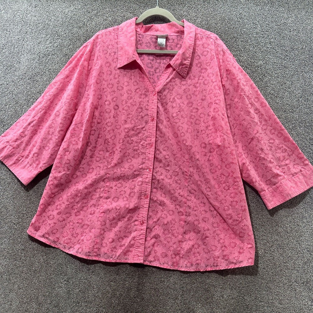 VTG Fashion Bug Button Up Blouse Top‎ 30/32W Pink Floral Burnout 3/4 Sleeve